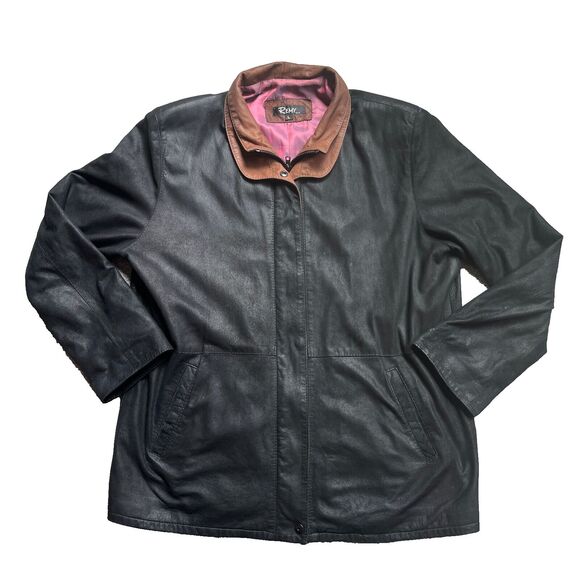VTG Remy Soft Leather Jacket Double Collar Black Iridescent Lining Mens Large